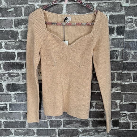 NWT River Island Metallic Sweetheart Neck Sweater Rose Gold ribbed fitted - Picture 1 of 13